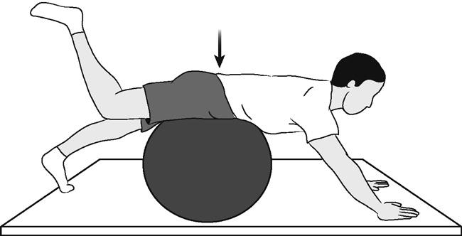 Lumbar stabilization exercise with Swiss ball, lying on ball