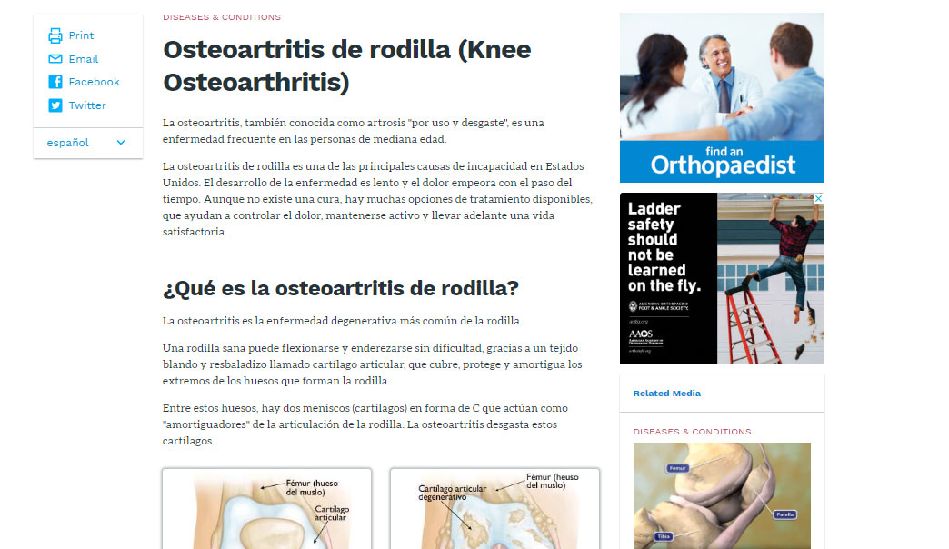 Screen grab of OrthoInfo article in Spanish