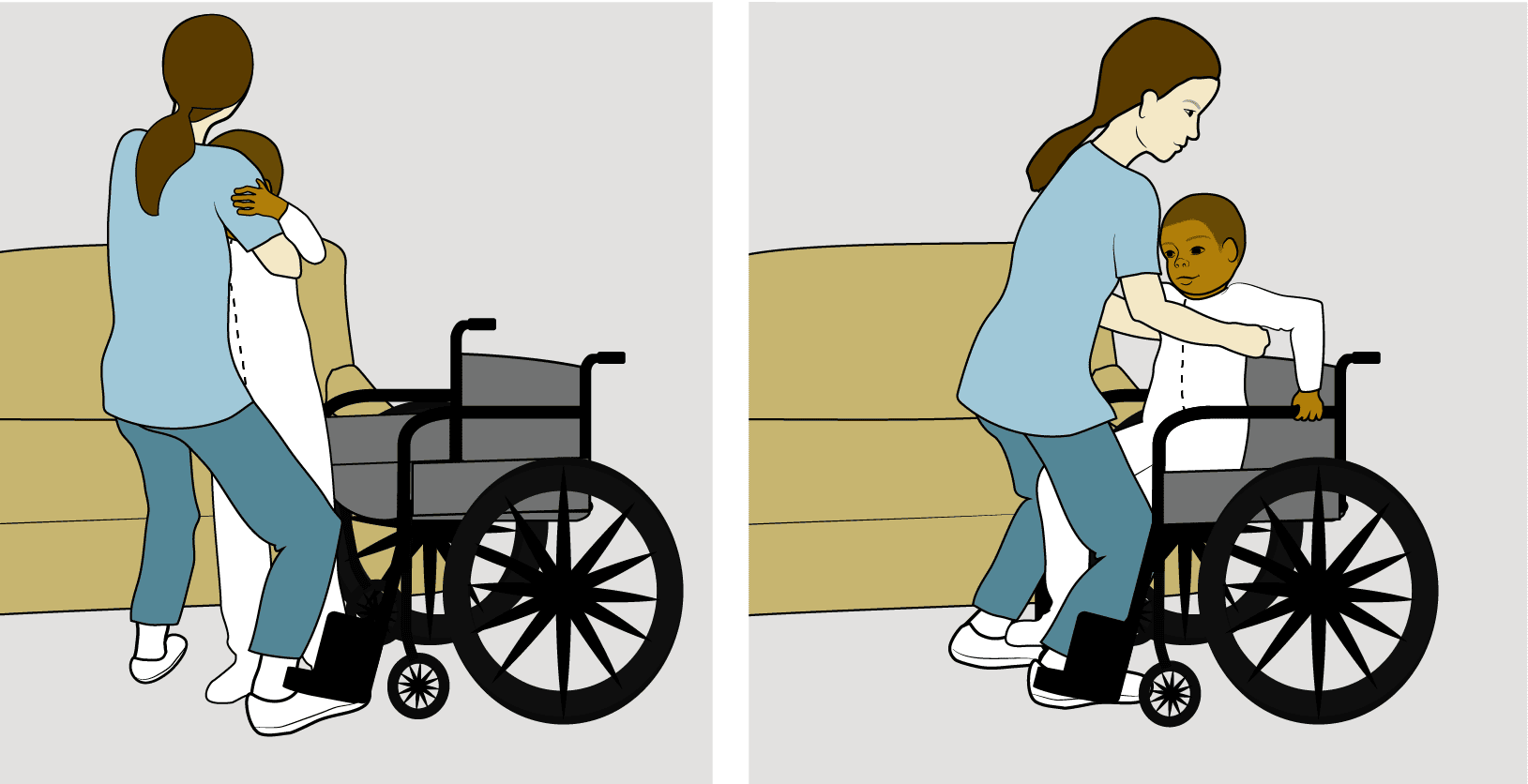 Lowering patient into wheelchair